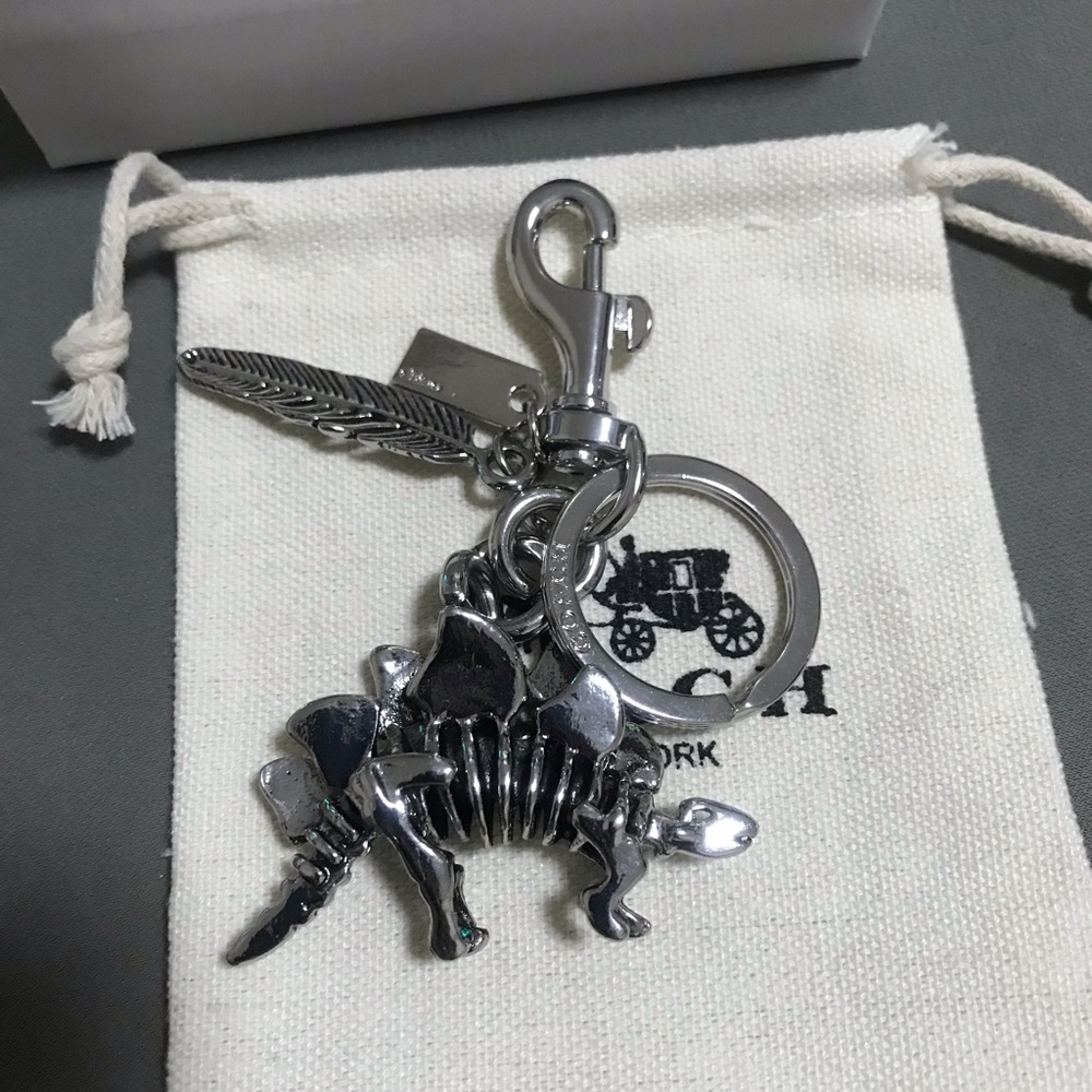 Coach Silver Dinosaur Charm Keychain with Feather Accent